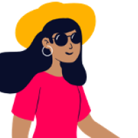 Illustration of a woman wearing sunglasses and a hat.