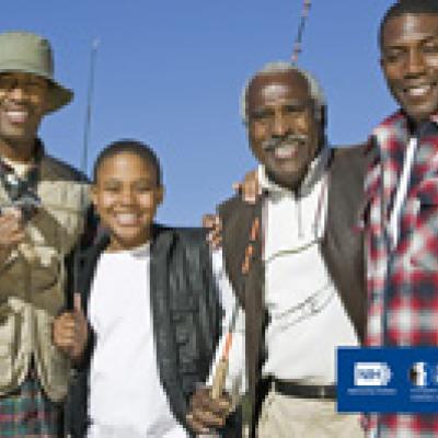 Three generations of men holding fishing poles.  NIH,  National Eye Intitute. NEHEP, National Eye Health Education Program.