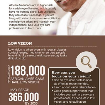 AFRICAN AMERICANS and Eye Health: Low Vision African Americans are at higher risk for vision loss from certain eye diseases. If you are living with vision loss, vision rehabilitation can help you make the most of the vision you do have and maintain your independence. LOW VISION Low vision is when even with regular glasses, contact lenses, medicine, or surgery people have difficulty seeing, making everyday tasks difficult to do. APPROXIMATELY 188,000 AFRICAN AMERICANS HAVE LOW VISION. May reach 366,000 by 20