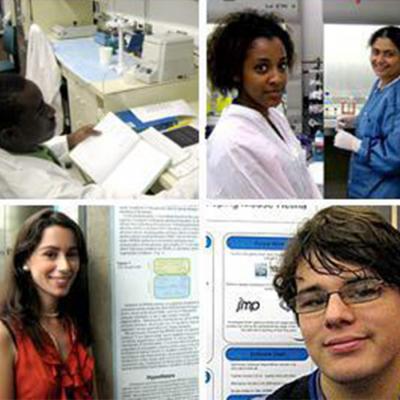 A student reading a lab, 2 students working in a lab, and 2 students smiling in front of scientific posters