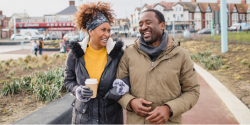 Black/African American couple walking outside in winter clothes