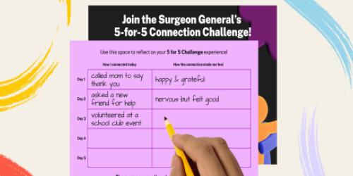 ¡Únase al Desafío de Conexión 5 por 5 del Director de los servicios federales de Salud Pública (Surgeon General en inglés)! Una persona usa un lápiz para escribir en el Día 3 en su postal del Desafío de Conexión 5 por 5. El Día 1, llamaron a mamá para darle las gracias, lo que los hizo sentir felices y agradecidos. El Día 2, pidieron ayuda a un nuevo amigo, lo que los puso nerviosos pero los hizo sentirse bien. El Día 3, fueron voluntarios en un evento del club escolar. 