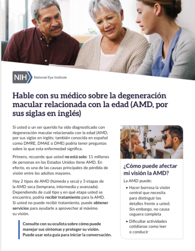 Una imagen pequeña muestra la primera página del documento del NEI en formato PDF titulado "Hable con su médico sobre la degeneración macular relacionada con la edad".
