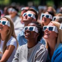 People looking at the sky with eclipse glasses