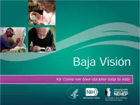 Un gráfico con tres personas viendo cosas de cerca y el título del modulo "Baja visión".